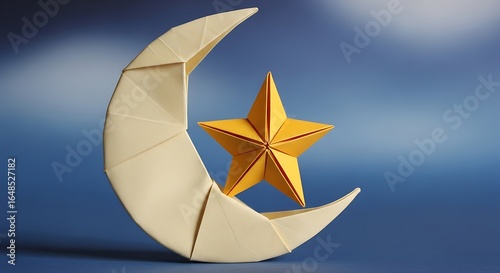 Artistic origami arrangement showcasing crescent moon and radiant star against a soft backdrop