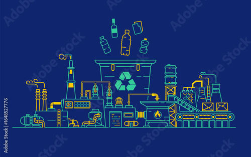 concept of zero waste or sustainable business, lined graphic of plastic bottles and garbage bin combined with recycle factory