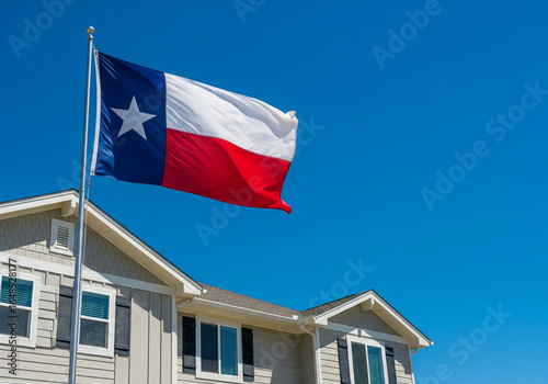 Proud Texas flag flying high against a clear blue sky over a suburban home