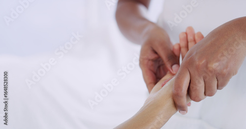 Bilde på lerret Acupressure, hand massage and wellness with people in spa for circulation, stress relief or treatment