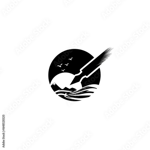 Black Circular Logo With Pen Nib Mountains Birds and Sun
