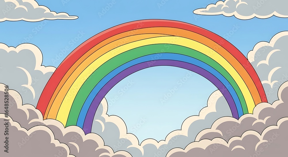 Cartoon rainbow arches through a sunny sky surrounded by fluffy white clouds Cartoon rainbow arches through a sunny sky surrounded by fluffy white clouds