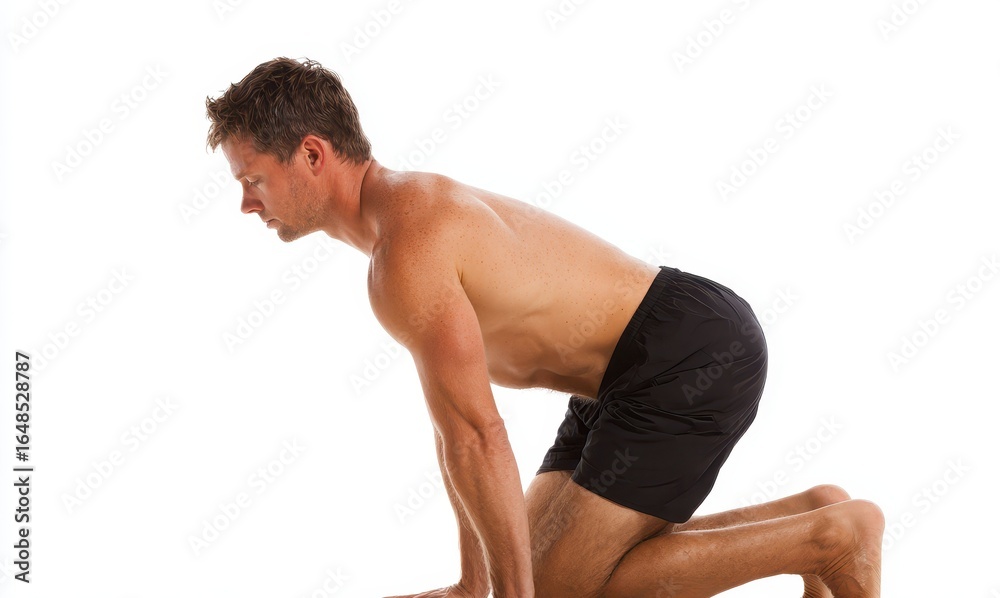 Ashtanga yoga man practicing exercise from the side on a light backdrop Ashtanga yoga man practicing exercise from the side on a light backdrop