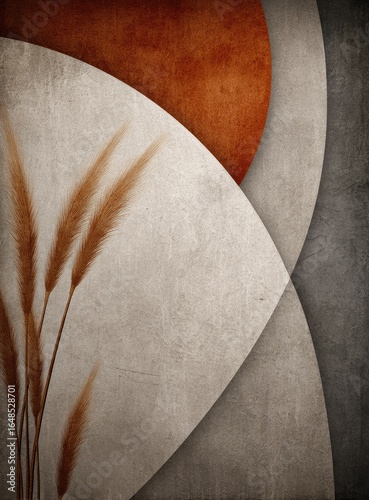 Abstract graphic art with beige and rust tones, featuring dried grasses and overlapping circles