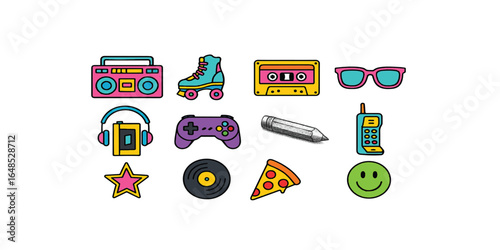 Print  90s 80s 70s Nostalgia. Retro Gadgets, Pop Culture Icons, Bright Colors, vector elements set