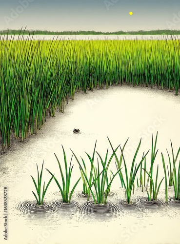 Marsh scene with tall grasses and a small puddle