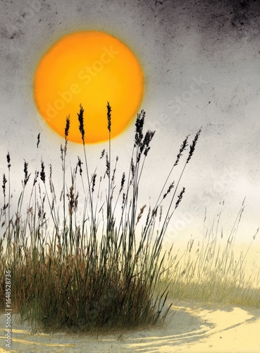 Large, bright, orange sun above tall, dry grasses