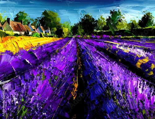 Vibrant lavender fields meet small village houses, painted in thick brushstrokes