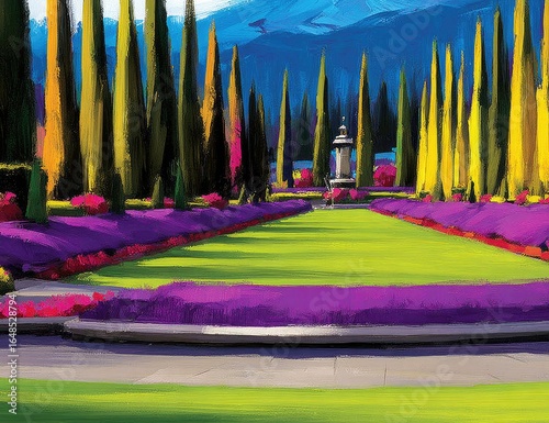 Vibrant garden path, tall trees, bright colors