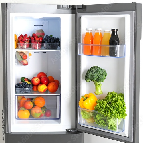 Wallpaper Mural Open refrigerator filled with fresh produce and juices Torontodigital.ca