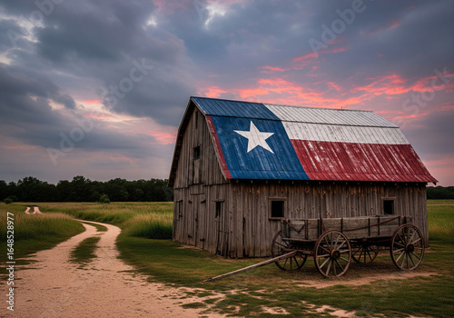 Rustic Texas barn with flag roof and vintage wagon at sunset inspires pride and heritage