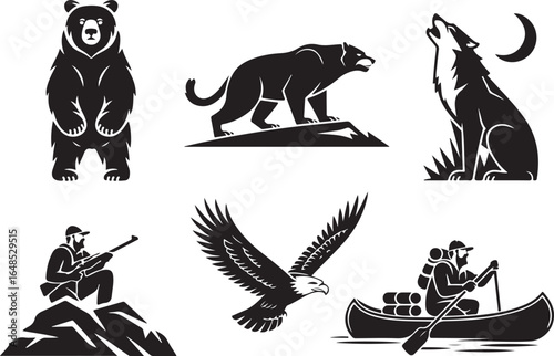 Wilderness adventure icons bear eagle wolf hunter canoe