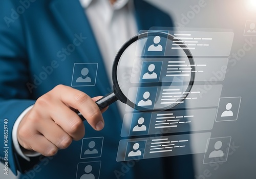 Human resources management showing job search process with magnifying glass over digital profiles and candidate selection process