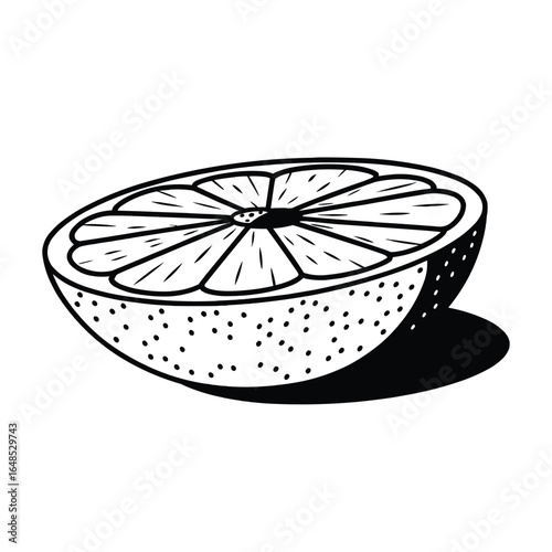 Black and white illustration of a halved citrus fruit; vintage style, graphic design element, fresh and zesty mood.