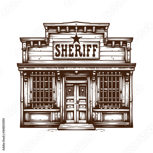 Western Sheriff’s Office Front – Black and White Vector Illustration of Old West Law Building