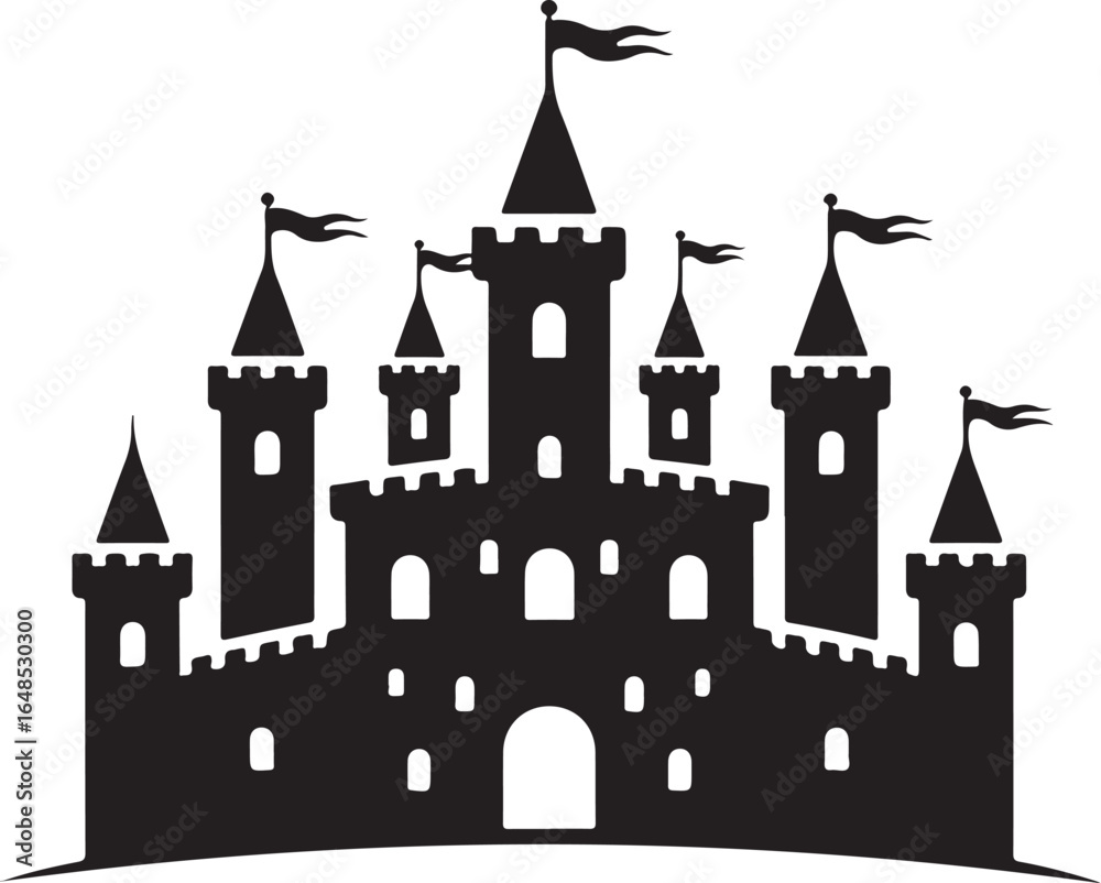 Obraz premium Majestic black castle silhouette with flags flying high