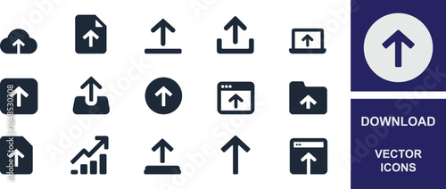 Set of upload icons featuring arrows, files, clouds, folders, and charts, ideal for data transfer, file sharing, business, technology, and web interface designs.