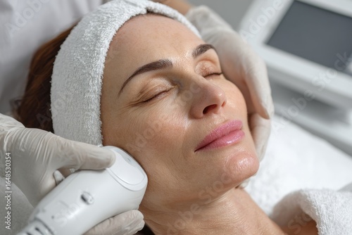Attractive woman in a beauty salon undergoing facial rejuvenation