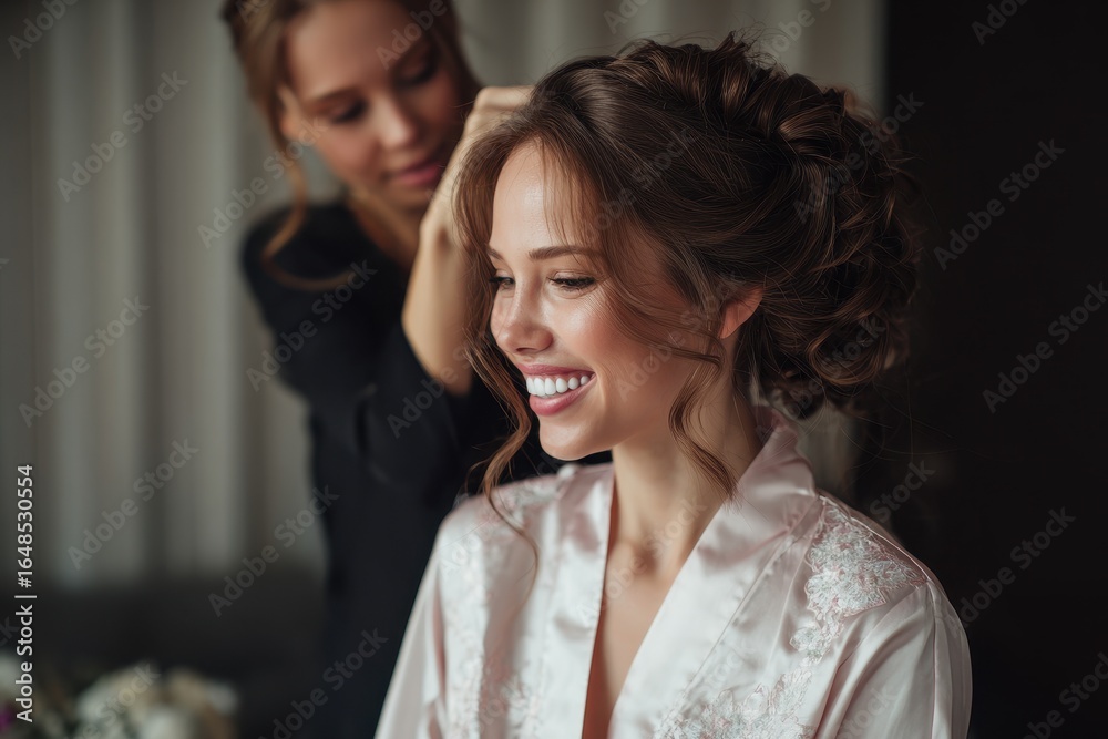 Fototapeta premium Attractive woman styling hair for joyful bride in silk robe