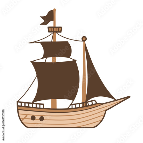 Brown sailing ship with dark sails and flag boat vessel