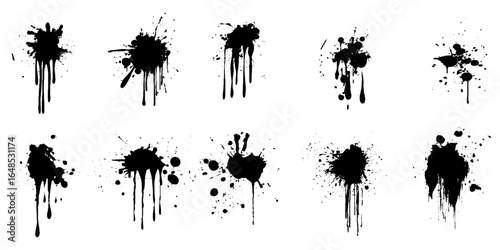 Ink drops. Ink blot spot and splatter, black liquid paint drip splashes. Artistic dirty grunge abstract spot inking stained effect isolated vector set. Graffiti droplets and leaking collection