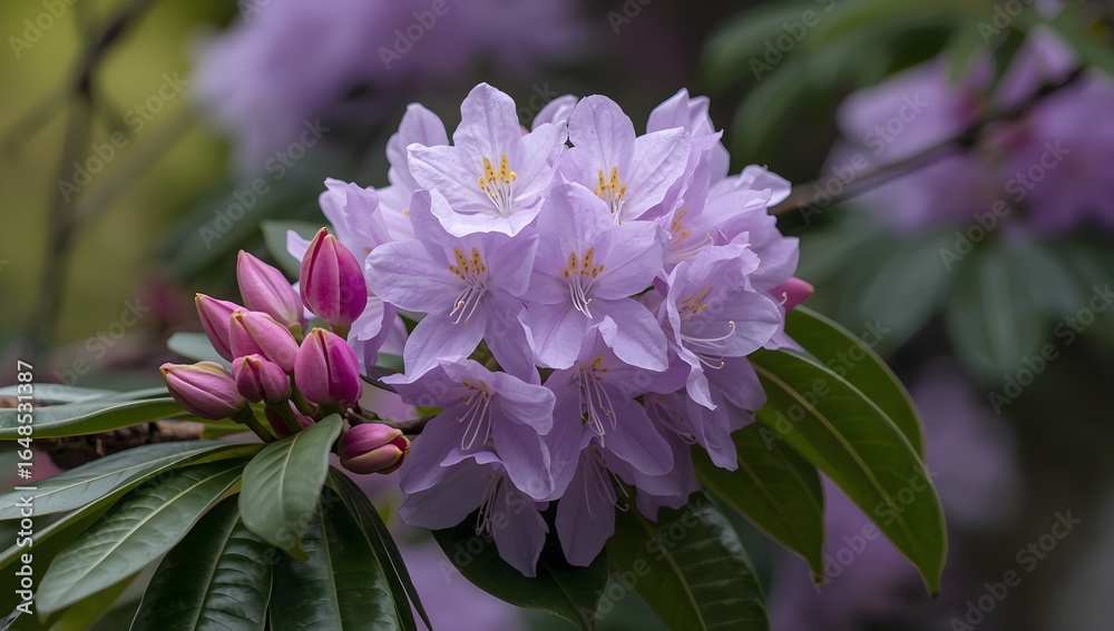 Obraz premium Delicate pale purple rhododendron flower blooming with unopened pink buds and lush green leaves in soft natural light