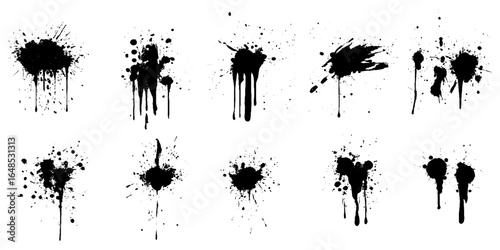 Vector set of different blots, ink smears with sweat on white background. Ink drops. Ink blot spot and splatter, black liquid paint drip splashes.