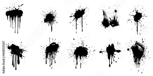 Ink drops and splashes. Blotter spots, liquid paint drip drop splash and ink splatter. Artistic dirty grunge abstract spot vector set. Illustration monochrome drip splash, splat messy inkblot