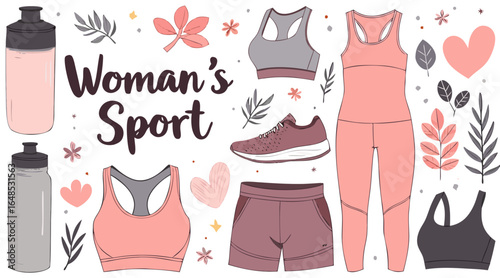 **Minimalist illustrations of workout gear and hydration bottles for women’s sports with copy space**  