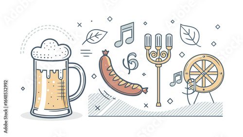 **Minimalist icons of beer steins, sausages, and musical notes for Oktoberfest with copy space**
