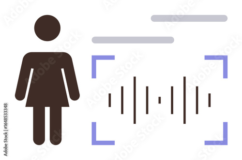 Female figure next to sound waves surrounded by a rectangular recognition frame. Ideal for technology, AI, voice recognition, biometrics, data security, personal identification, simple flat metaphor