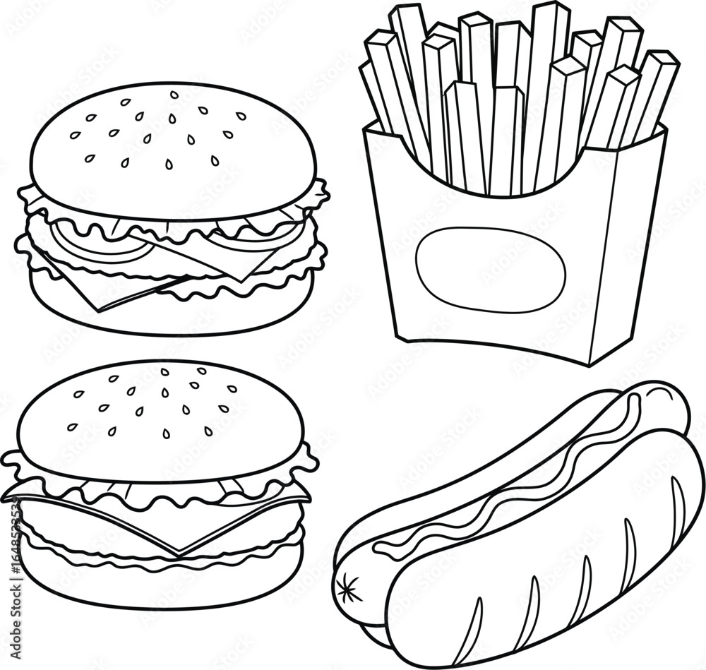 Fast Food Outline Illustration Featuring Burgers Fries and Hotdog on transparent background Fast Food Outline Illustration Featuring Burgers Fries and Hotdog on transparent background