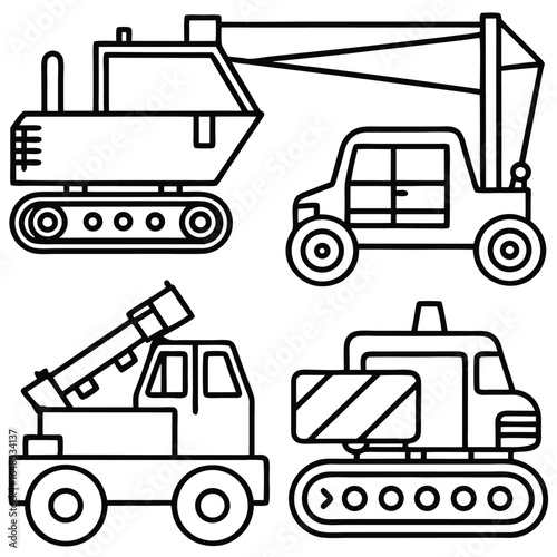 Set Of Construction Vehicles And Equipment Line Art