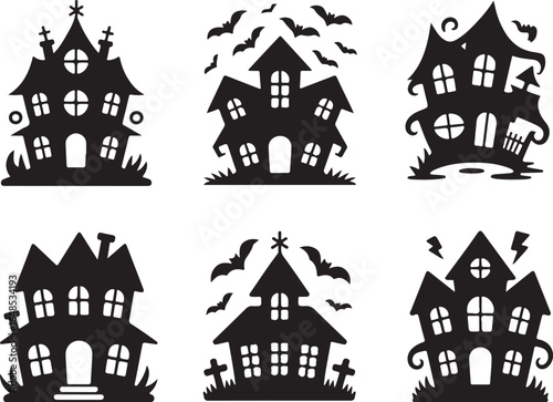 Spooky haunted houses with bats and crosses for Halloween