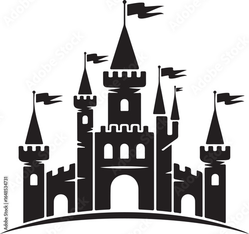 Majestic black castle icon with flags on white background