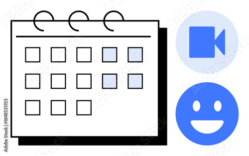 Calendar grid with highlighted dates, a blue video call icon, and a happy face symbolizing event planning, teamwork, deadlines, meetings, time management, and productivity. Ideal for scheduling