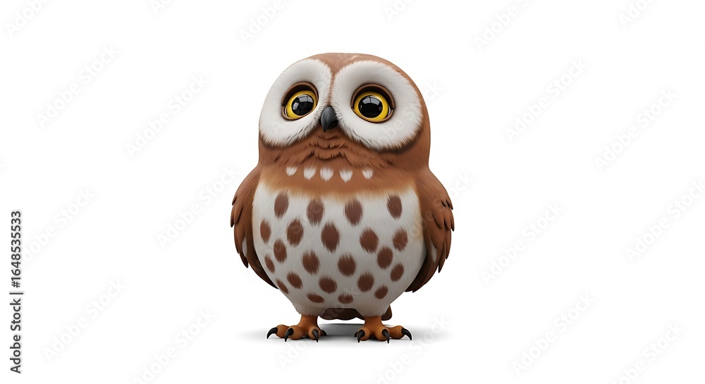 Fototapeta premium Adorable cartoon owl, brown and white plumage, large eyes, looking slightly sad.