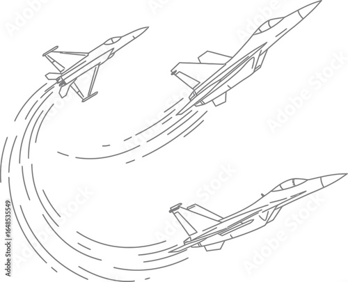 Line Art Illustration of Three Fighter Jets Flying in Formation on transparent background