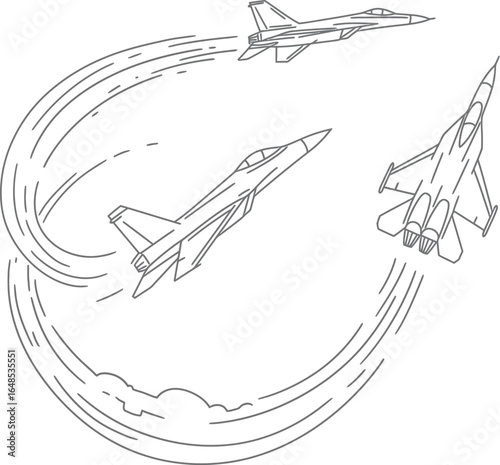 Three Fighter Jets in Flight Line Art on Transparent Background art illustration