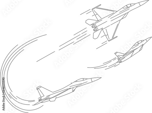 Three Fighter Jets in Flight Line Art on Transparent Background Illustration three