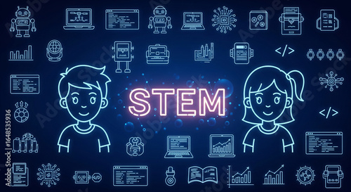 Inspiring young minds with vibrant STEM education icons and futuristic technology elements