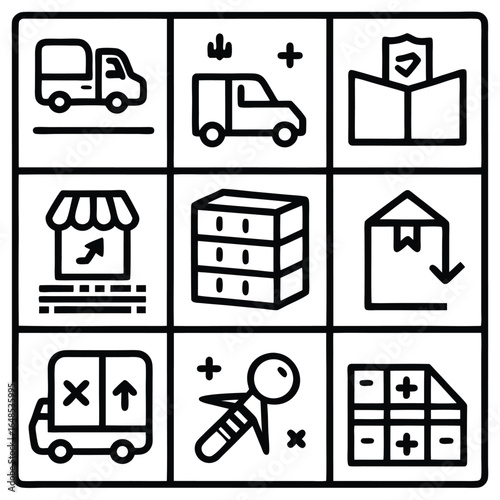 Collection of icons for logistic and delivery services depicting transport and warehousing