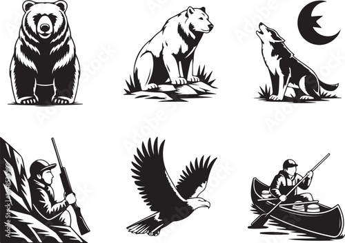 Rustic outdoor adventures: bears, wolves, eagles, hunters