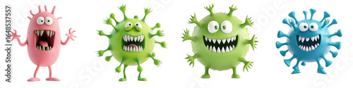 Set of Colorful cartoon virus characters with exaggerated faces and features. isolate on transparent background