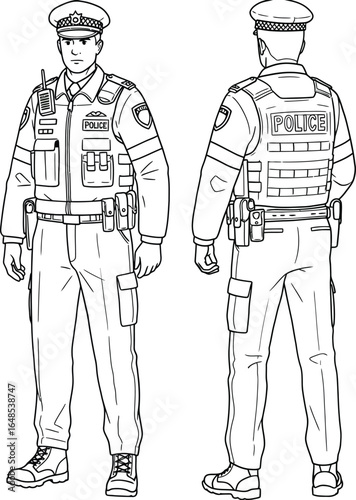 Detailed Line Art Illustration of a Police Officer Front and Back on transparent background