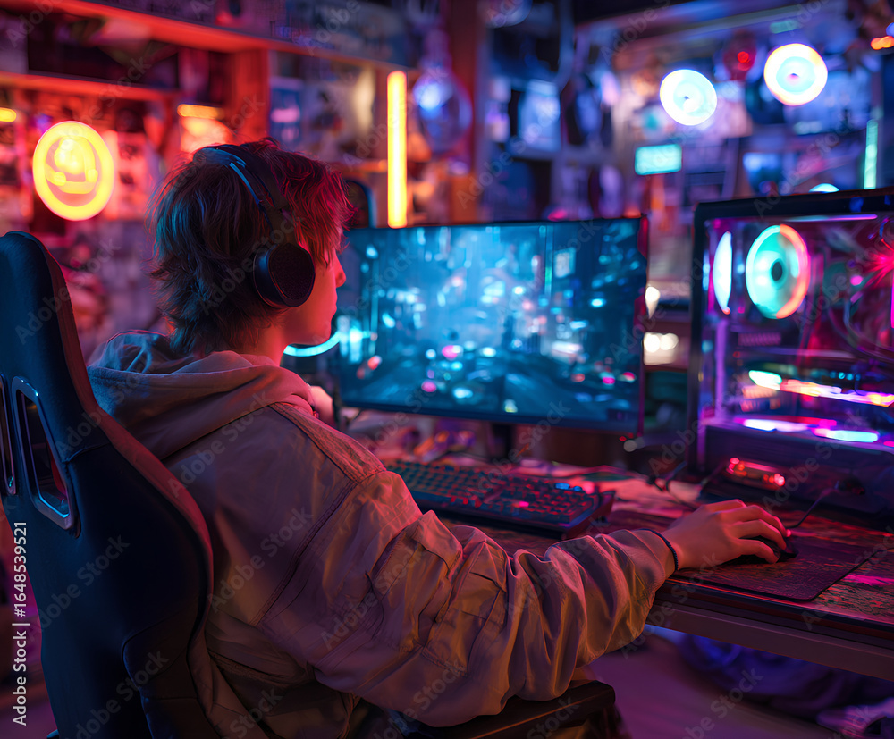 Fototapeta premium A young man focused on playing game on a monitor. The scene is illuminated by the vivid neon and RGB lighting of his gaming equipment, creating a vibrant atmosphere