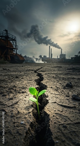 Hopeful seedling emerges from fractured earth facing industrial pollution challenge