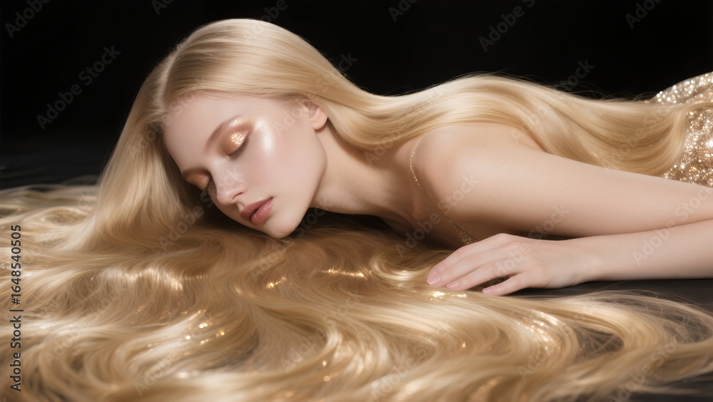 Obraz premium Luxury beauty portrait of a woman with long blonde hair and gold glitter