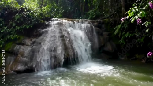 Tropical Waterfall Cascading into Lush Pool with Purple Orchids in Rainforest Setting
