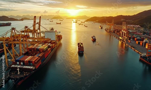Golden hour sunset over a busy container port, numerous cargo ships & container vessels navigate the channel, cranes unloading containers